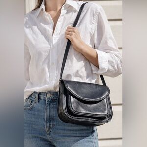Vintage Italian Leather Crossbody Bag Black Flap Saddle Made Italy